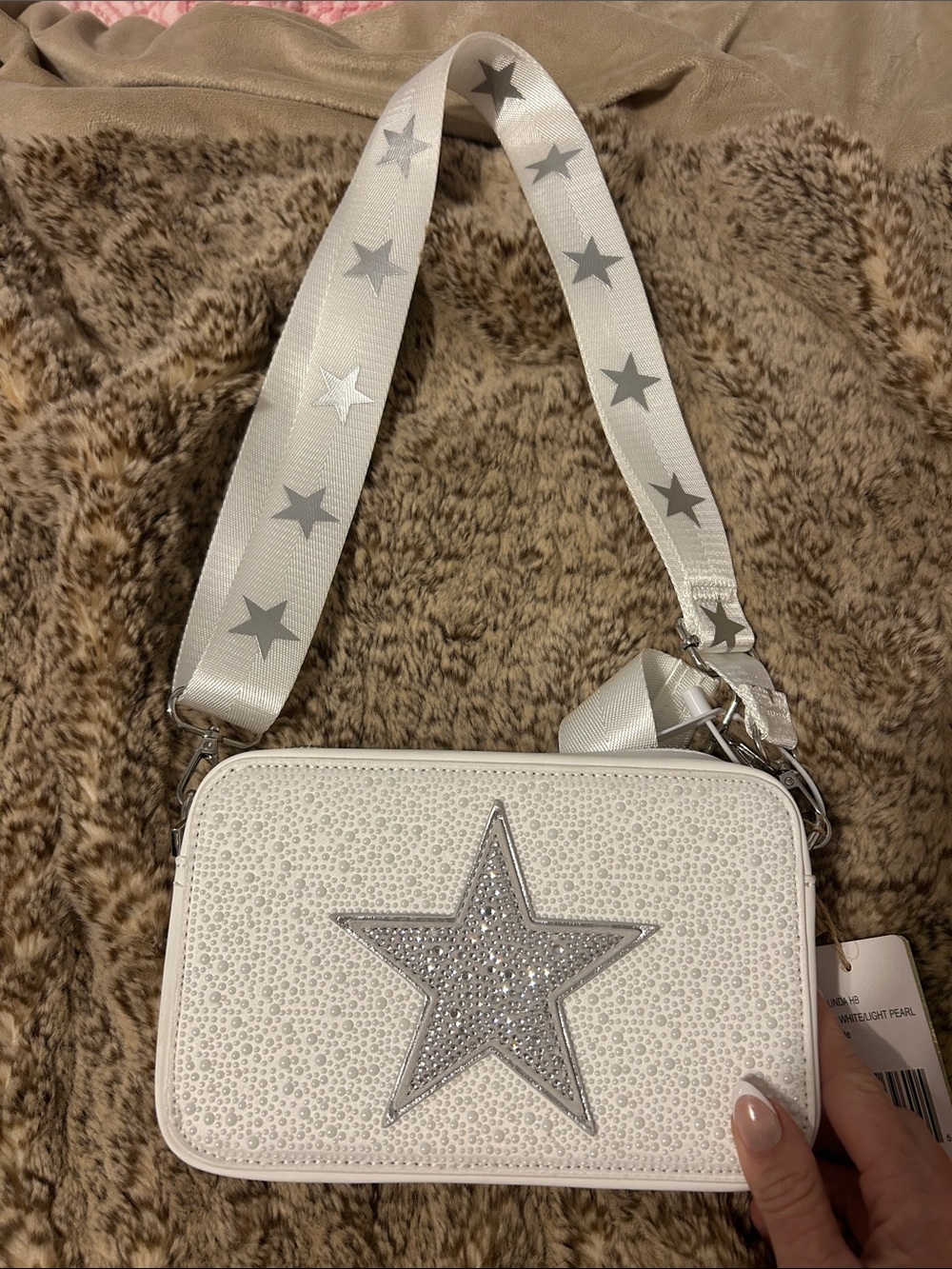 Vintage Havana White Star-Accent Crossbody Bag with Silver Star Strap